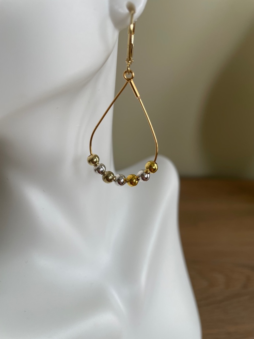 HAND CRAFTED MIXED METAL TEARDROP HOOP EARRINGS Gold & Silver Beaded Dangles